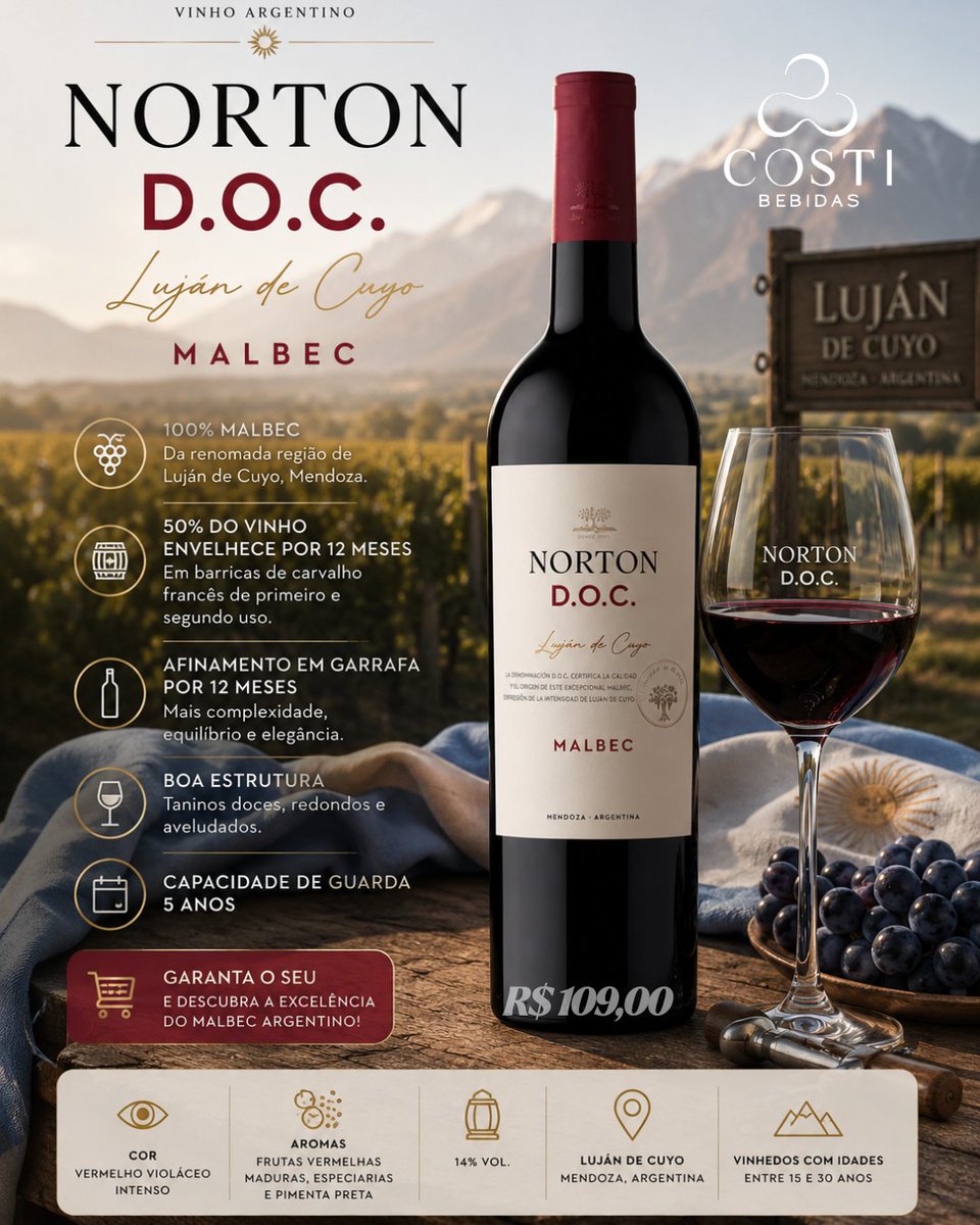 costibebidas's tweet photo. 🍷🇦🇷 Um grande Malbec nasce em terroirs extraordinários.
Diretamente de Luján de Cuyo, em Mendoza — uma das regiões mais renomadas da Argentina — o Norton D.O.C. Malbec entrega intensidade, elegância e profundidade em cada taça.
 Garanta o seu na loja física ou virtual.
#Malbec https://t.co/ta7YKNHtyt