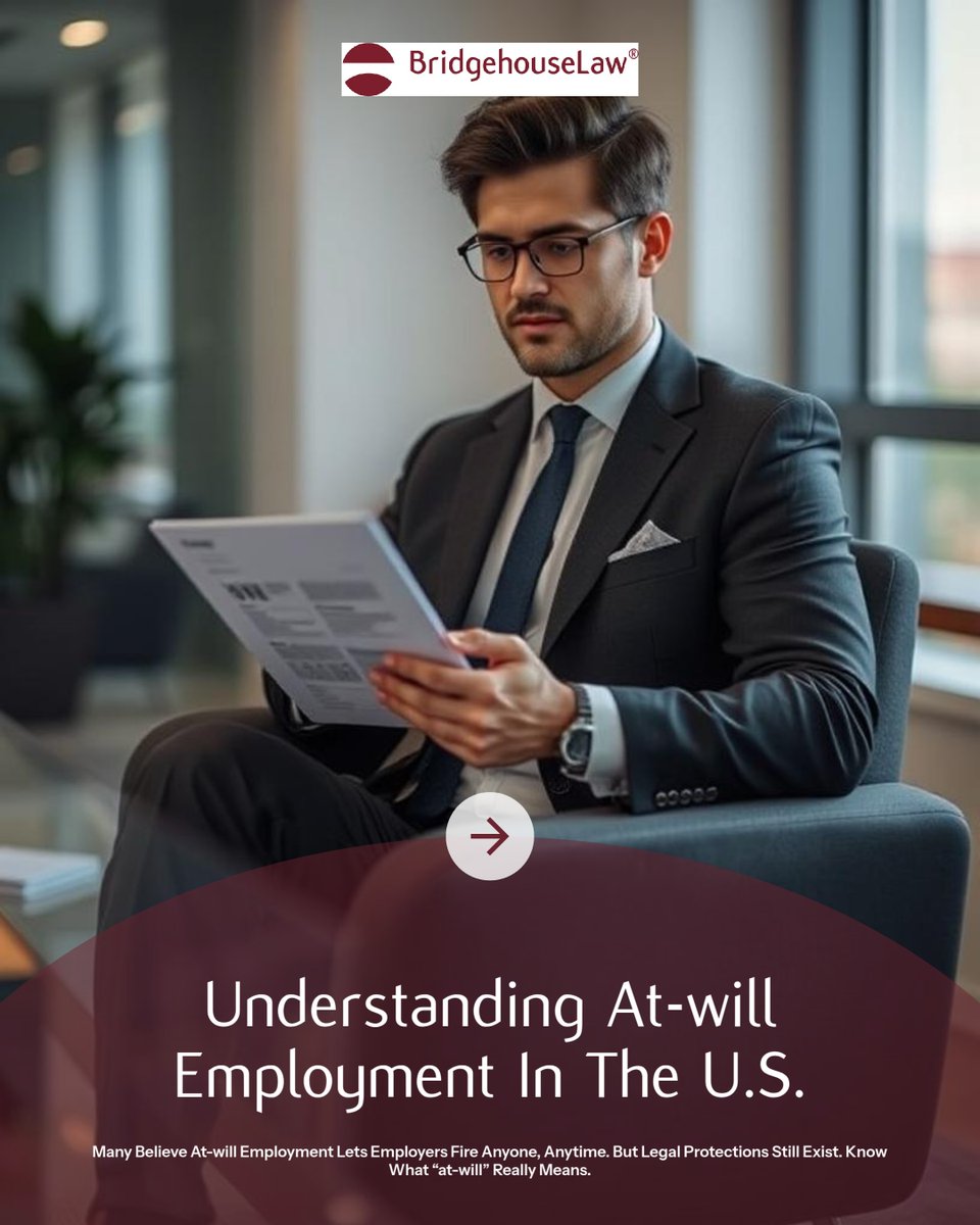 BridgehouseUS's tweet photo. Understanding “at-will employment” means you can be terminated anytime, but not unlawfully. 🏛️  
Employers must know EEOC protections against discrimination. 🛡️  
To avoid disputes, ensure fair practices

#BridgehouseLaw https://t.co/3eiy02oq1s