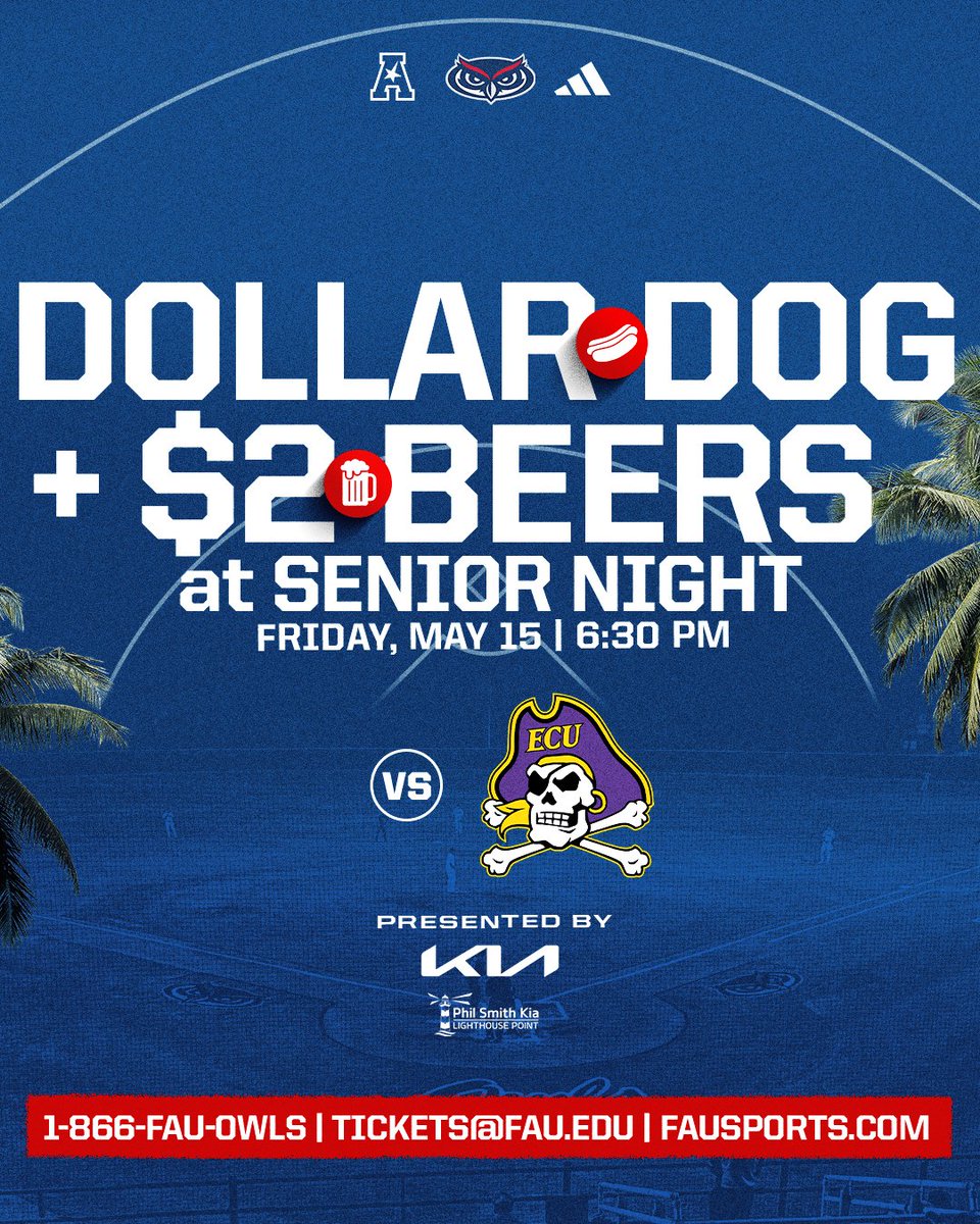 FAUBaseball's tweet photo. Senior Night 🌴⚾️
Friday, May 15 | 6:30 p.m.
Presented by Phil Smith Kia 🔥

🌭 Dollar Dog Night
🍻 $2 beers throughout the stadium (while supplies last)

Hot dogs, cold drinks, and Florida Atlantic baseball in Paradise 🦉🌴

Buy Tickets https://t.co/4Ggc8l1t81 🎟️ https://t.co/5moRfGxXbG
