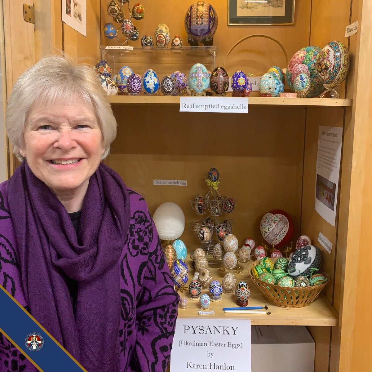 OLSWCanada's tweet photo. Congratulations to Mrs. Karen Hanlon who was named Artist of the Month by the Madawaska Valley Public Library alongside her daughter Katie Baklinski.

Their beautifully painted pysanky Ukrainian eggs are on display until the end of May!

#SeatOfWisdomCollege #CatholicArtist #Pysanky