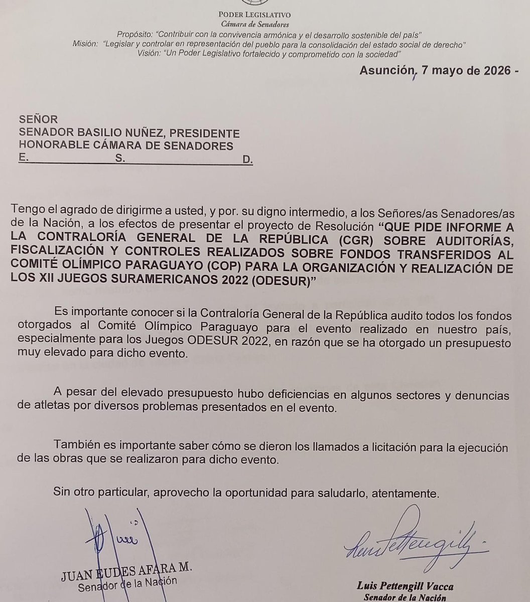 blasito_cuenca's tweet photo. 🏛️ Cuentas claras en el Deporte: Los senadores @JuanAfara y Luis Pettengill solicitan a la Contraloría un informe detallado sobre los gastos de ODESUR 2022 y las transferencias al COP.

Se investigarán las adjudicaciones de obras en Ñu Guazú y las denuncias de irregularidades presentadas por atletas. Hay un plazo de 15 días para respuestas. ⏳🛑
#TransparenciaPY #Odesur2022 #SenadoParaguay #CuentasClaras #DeporteParaguayo #ContraloriaPY #NoticiasPY #JusticiaDeportiva