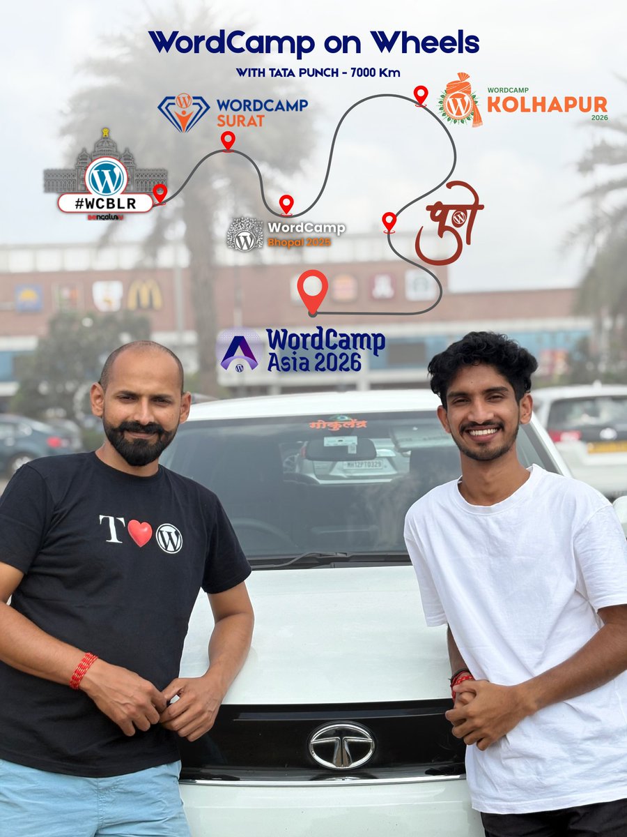mkrndmane's tweet photo. (1/2) 🚗 #WPOnWheels

It started with a fun question in the first @WordCampAsia Town Hall:

“What’s your obsession?”

Mine?
Traveling to #WordCamps in my #TataPunch 😄

Didn’t know that thought would turn into 7000 km on road with @sketchboy003 and 5 WordCamps ❤️ https://t.co/WhX4sHOXuG