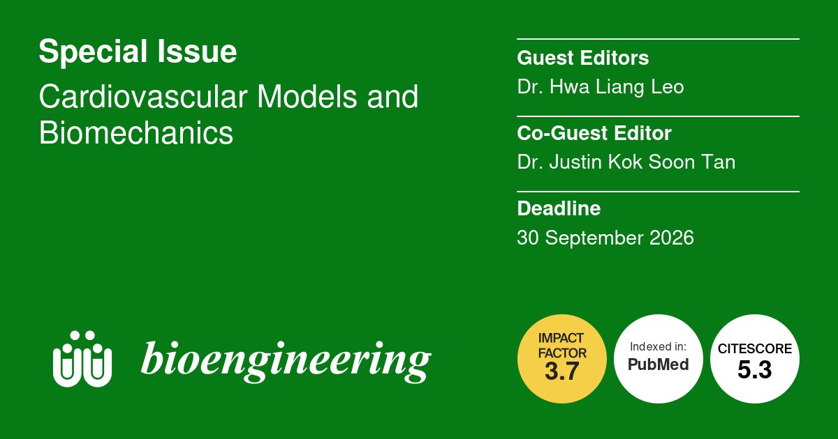 Bioeng_MDPI's tweet photo. ❤️ "Cardiovascular Models and Biomechanics" is open for submissions!
🕑 Deadline: 30 September 2026
🎉 Submit your research now!
🔗 https://t.co/TuUJGIdOUy
#FluidStructureInteraction #VascularMechanics #ClinicalTranslation https://t.co/pJJ0UrEEVM