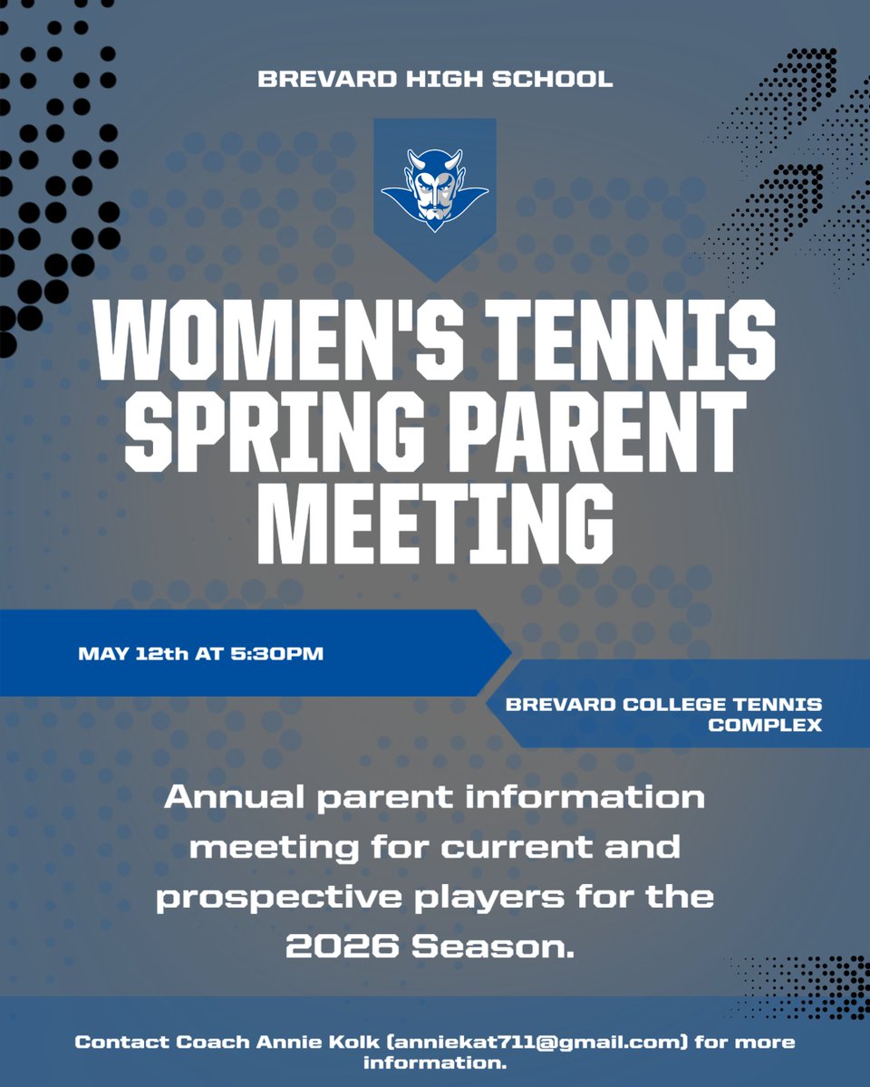 BrevardHSDevils's tweet photo. Reminder that tonight is Women's Tennis Information Meeting.

5:30pm
Brevard College Tennis Complex https://t.co/lIsXVZdPZQ