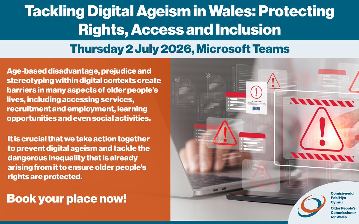 talkolderpeople's tweet photo. Alongside a panel of expert speakers, the Commissioner will explore the action that should be taken to prevent digital ageism and tackle the dangerous inequality that is already arising from it, to ensure older people’s rights are protected.

Register for the webinar here - https://t.co/Ed47Nyrtes