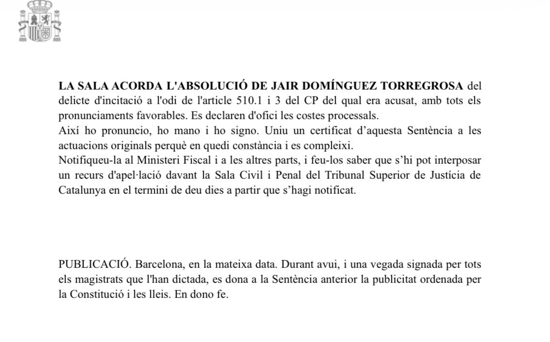 JACS_JaumeACS's tweet photo. Ara ja sí, notificada formalment la, contundent, sentència absolutòria del Jair Domínguez @sempresaludava 

En breu, anunciarem una xerrada/actuació conjunta per valorar-ne els detalls i fer algunes reflexions sobre la llibertat d’expressió en temps convulsos. https://t.co/lntplUEH1G