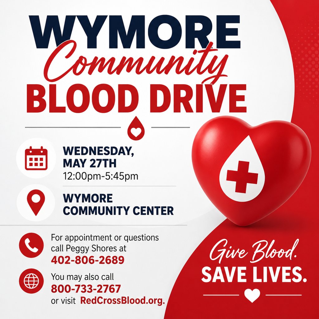 SHSRaiders1's tweet photo. ❤️ Wymore Community Blood Drive
📅 May 27 | ⏰ 12:00–5:45 PM
📍 Wymore Community Center

📞 402-806-2689 or 800-733-2767
🌐 https://t.co/HLFHv9eHlo

Give blood. Save lives. ❤️🩸 https://t.co/bOQocXy7We