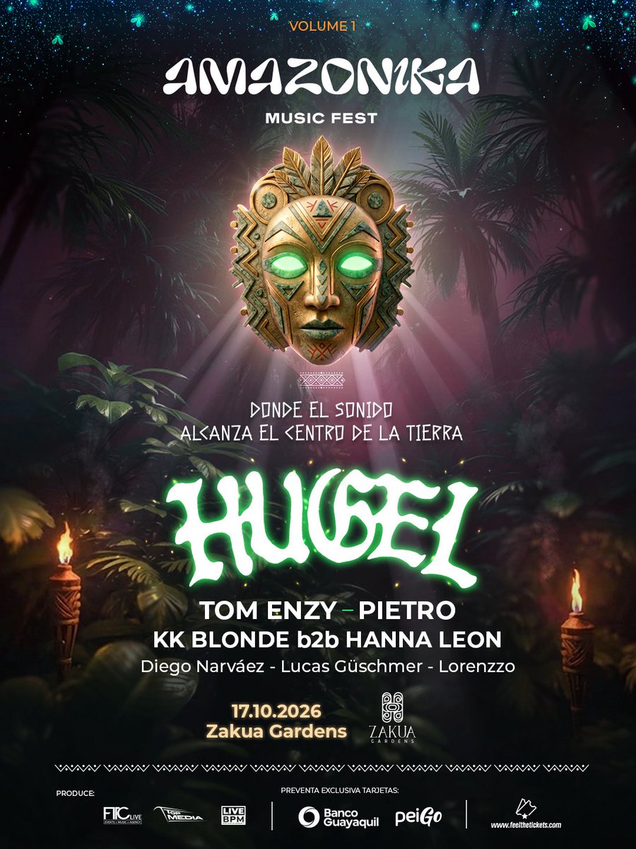 feelthetickets's tweet photo. 🔥AMAZONIKA MUSIC FEST 🔥 Volumen #1 ⚡️@amazonikamusicfest Donde el sonido del Afrohouse alcanza el centro de la tierra. 

Line up: 
🎧@hugelthug
🎧@djtomenzy
🎧@pietro.pizzorni
🎧@kk_blonde b2b @hannadtl 
🎧@djego_n
🎧@lucasguschmer
🎧@lorenzzomunoz_

📍 Zakua Gardens
17.10.2026 https://t.co/KLTyN2v6AB