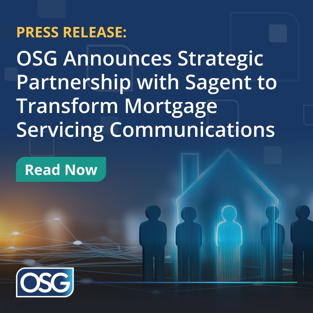 ConnectwithOSG's tweet photo. OSG and @Sagent are excited to announce a strategic partnership to bring smarter, more compliant homeowner communications to mortgage servicers.
Read the full release here: https://t.co/JeeqyETF2y
#OSG #Sagent #MortgageServicing #CCM https://t.co/STqeTlOsXW