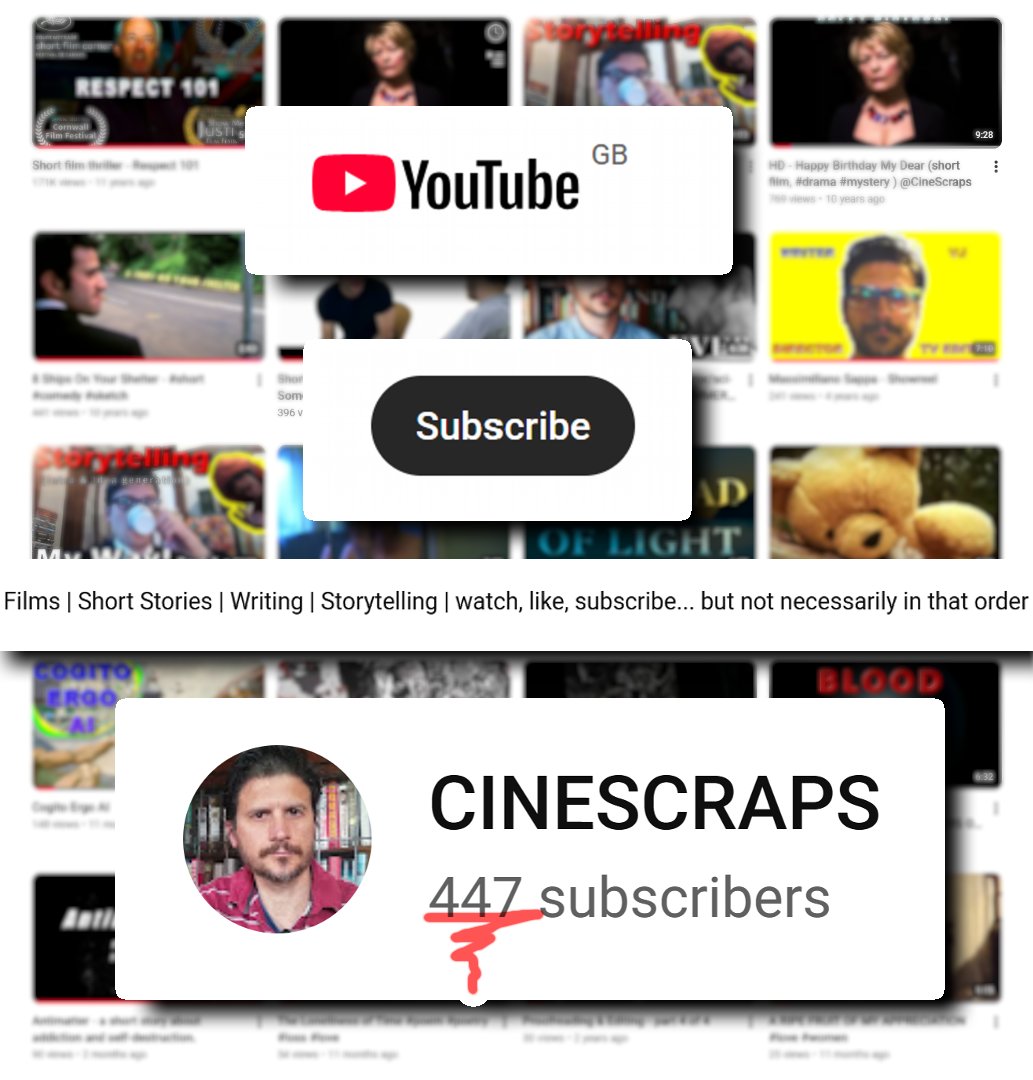 MaxSappa's tweet photo. Compelling short stories, gripping short films and practical advice on your writing, these are the things that you are going to find on CineScraps, my YouTube channel. So, join the amazing 447 who have already subscribed and do yourself a favour: be amazing too! https://t.co/sMu26CUfGs