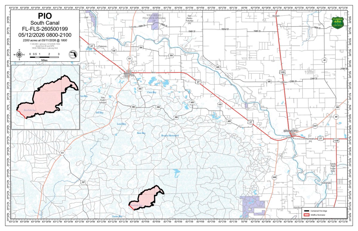 FFS_Perry's tweet photo. WHERE: 15 miles north of Cross City. Lafayette County 
CREW: 72
ACRES: 2,200 
CONT: 93%
EQUIP: 10 tractor-plow units &amp; heavy dozers, 4 brush trucks + specialized equipment
Essential firefighting personnel will remain assigned to the fire as operations are returned to local unit. https://t.co/4mVVrYDgqP