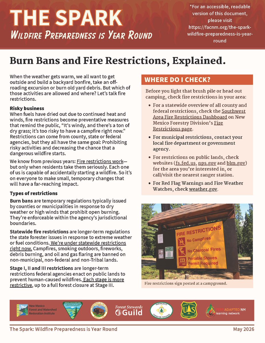 NMFWRI's tweet photo. NM counties &amp; towns are announcing burn bans and fire restrictions. What's allowed in your area? Check out The Spark, a monthly newsletter coordinated by Forest Stewards Guild, NM Forestry Division, Bureau of Land Management - NM, U.S. Forest Service, NMFWRI, and Fire Adapted NM https://t.co/WEOUyF5oLE