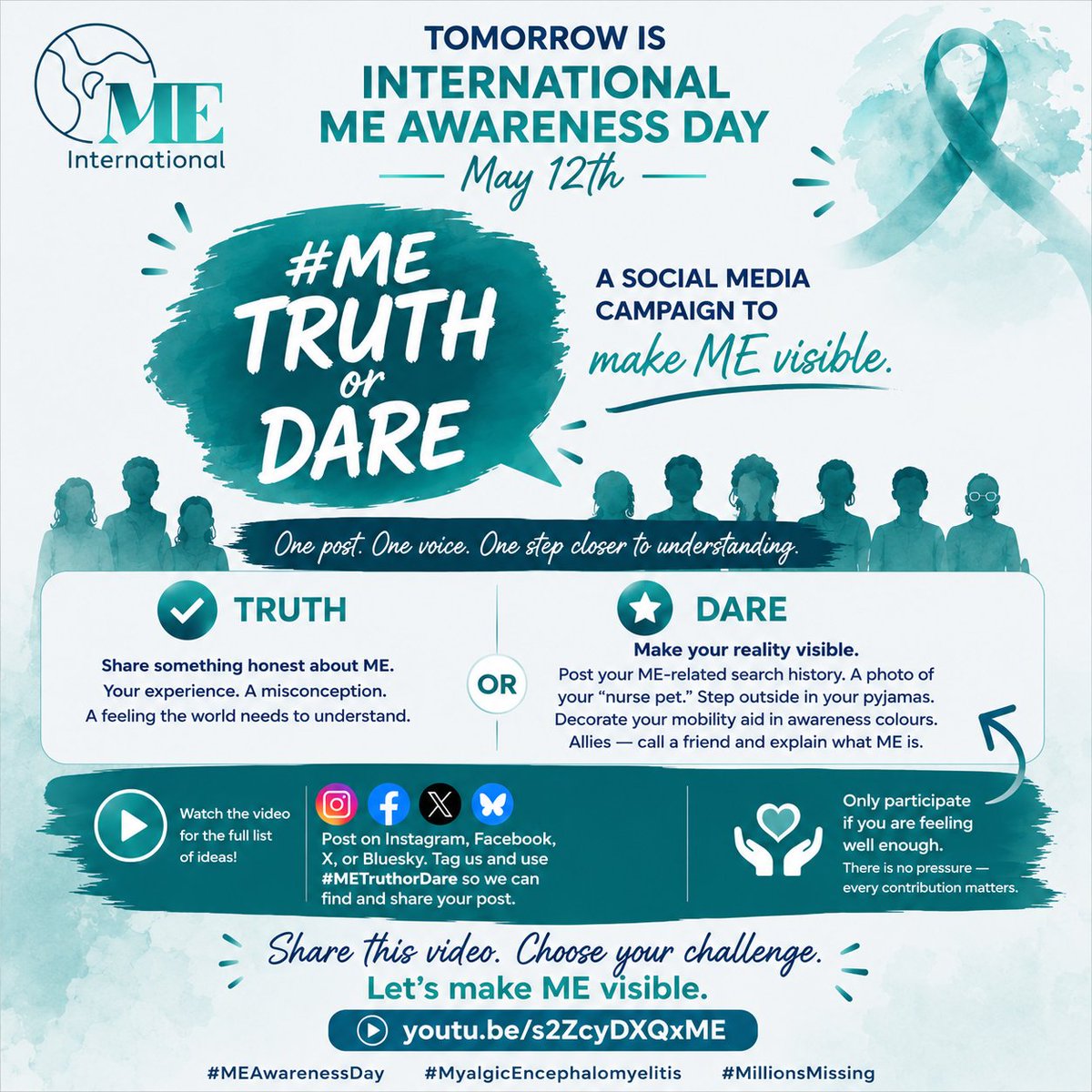 MEIntSocial's tweet photo. 📷 Today is International #MEAwarenessDay.

We're launching #METruthorDare — a campaign where patients &amp; allies share the realities of #MyalgicEncephalomyelitis, one post at a time.

Pick TRUTH or DARE. Tag @MEIntSocial. Make #ME visible. 📷

https://t.co/JawPBxbsik https://t.co/zizwJOIdPi
