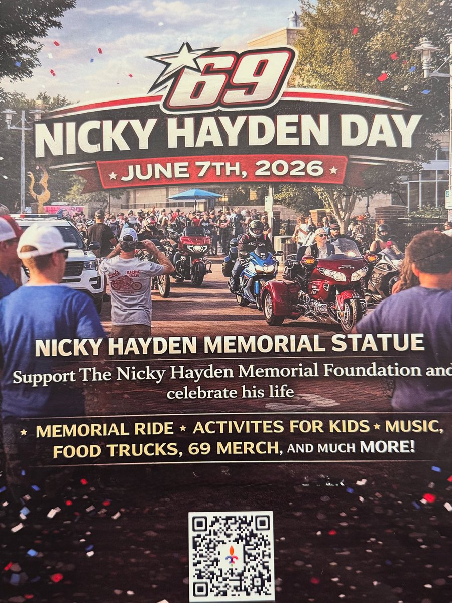 rogerhayden95's tweet photo. 🚨 Nicky Hayden Day is on June 7th in Owensboro, KY celebrating Nicky &amp; support his Foundation, Starting at 1PM at Nicky’s Statue. Please share &amp; help get the word out. If u can’t make it &amp; still want to support the foundation, scan the QR code &amp; donate #rideonkentuckykid #motogp https://t.co/MDPeFzGqDU