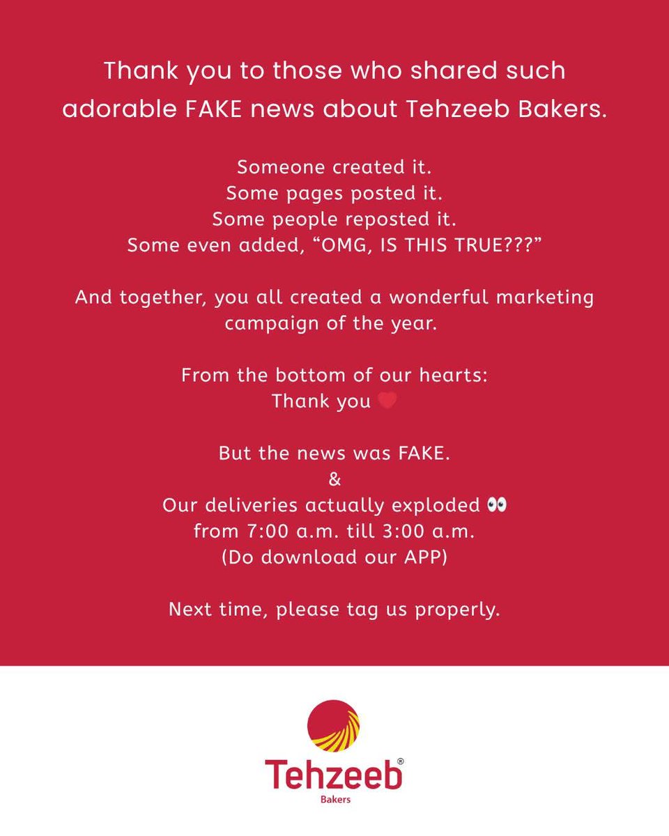 haxan24's tweet photo. Tehzeeb Bakers really flexing their media game today. Funny how my comment asking about the “18% card tax” disappeared twice.
Apparently, deleting comments is easier than explaining why customers pay the same amount whether it’s cash or card.
@dcislamabad @FBRSpokesperson https://t.co/J2zdAqfIyO