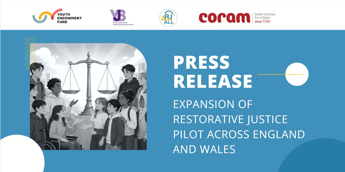 RJforAll's tweet photo. 📢 We’re proud to announce the expansion of Restorative Justice - The Evidence: A pilot for the youth justice system of England &amp; Wales.

The project is led by RJ4All, supported by @_YJB, funded by @YouthEndowFund, and evaluated by @Coram.

🔗 https://t.co/f5g6CETzae https://t.co/qEJga1zCnR