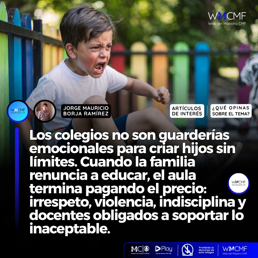 cmf_w's tweet photo. No podemos responsabilizar a colegios ni profesores por un problema familiar. ¡Los colegios no son guarderías emocionales! Enlace: https://t.co/oQLUxfmGBk

📷📷 La escuela no puede convertirse en el lugar donde se intente reparar todo lo que la familia dejó de formar. Cada vez más docentes enfrentan alumnos sin límites, sin tolerancia a la frustración y sin respeto por la autoridad, mientras a los colegios se les exige asumir funciones emocionales, sociales y disciplinarias que comienzan en casa. Educar no es únicamente transmitir conocimientos; también implica enseñar respeto, normas, responsabilidad y convivencia. Cuando los padres renuncian a poner límites claros, el aula termina cargando conflictos que afectan el aprendizaje de todos. Muchos profesores hoy pasan más tiempo controlando conductas que enseñando contenidos. La educación necesita familias presentes, coherentes y comprometidas, porque ningún sistema escolar puede reemplazar completamente el rol formador del hogar. ¿Estamos exigiendo demasiado a los docentes mientras muchas familias renuncian a educar?

👉 Esta imagen está protegida y no puede descargarse ni publicarse en otros perfiles. 📌✨ Para difundirla, usa el botón de compartir y así respetamos su difusión original. ¡Gracias por tu apoyo! 💙😊👈

🔹🔹🔹

📌 1. SUSCRÍBETE, APÓYANOS Y AYÚDANOS A CRECER: 
En la WMCMF todo lo que compartimos es gratuito. Si este espacio le aporta valor con información, materiales y recursos confiables, apóyenos para sostener el servicio. Suscríbase aquí:
https://t.co/PMo6VisHyL
 
📌 2. TE INVITAMOS A SEGUIR A: Jorge Mauricio
🌐 Facebook: https://t.co/MdGF3K5eWp
🌐 LinkedIn: https://t.co/mR6jaOtDah

📌 3. SÍGUENOS EN NUESTROS GRUPOS SOCIALES
📘 Facebook Web del Maestro CMF: https://t.co/tgHmQLlWvm
📘 Facebook WMCMF Play: https://t.co/Q0ezeI8zVy
📘 Facebook Maestros de Corazón Podcast Educativos: https://t.co/vHBKIdOupJ
💼 Grupo de profesionales en LinkedIn: https://t.co/5hLQXKszHg

📌 4. ÚNETE A NUESTROS CANALES
📢 Facebook (Canal ilimitado): https://t.co/fUTZCCQTmb
📢 WhatsApp (Canal oficial): https://t.co/gL0JARokwI
📢 Telegram (Cupo ilimitado): https://t.co/nqblXTp2FI

📌 5. SÍGUENOS EN NUESTRAS REDES SOCIALES
📘 Facebook Web del Maestro CMF: https://t.co/TrSQA58HfM
📘 Facebook Maestros de Corazón Podcast Educativos: https://t.co/bq7m9No2kx
📘 Facebook WMCMF Play: https://t.co/iC67su7YVg
🐦 Twitter: https://t.co/fXs8DmvuRH
💼 LinkedIn: https://t.co/81WOqo1RG3
📸 Instagram: https://t.co/0SN3ZGH3Go
🌀 Threads: https://t.co/Muj12nwjLy
🎵 TikTok: https://t.co/rW1cPzhUko
📘 LinkedIn: https://t.co/mR6jaOtDah

📌 6. TE INVITAMOS A SEGUIR A: Jorge Mauricio
🌐 Facebook: https://t.co/MdGF3K5eWp
🌐 LinkedIn: https://t.co/mR6jaOtDah