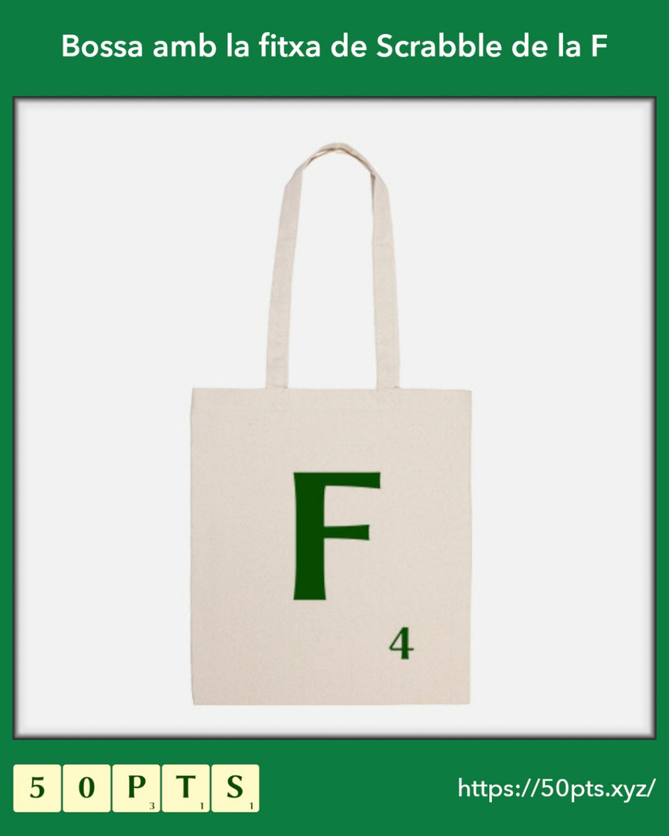 50pts_cat's tweet photo. Bossa de tela amb la fitxa de Scrabble de la F

T'agradaria tenir-ne una? Entra al nostre web i trobaràs les nostres bosses de cotó amb forma de fitxa de #ScrabbleEnCatalà. N'hi ha amb totes les lletres del #ScrabbleCAT. https://t.co/mOYf6fFOLH
