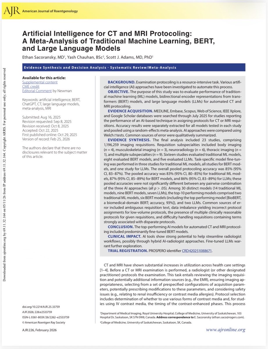 RadResearchSask's tweet photo. Our Drs Sacoransky &amp; Adams with Y. Chauhan performed a #meta-analysis of 23 studies evaluating #AI for #CT / #MRI protocoling across 1.19M requisitions. Fine-tuned BERT models led performance (BioBERT 93%), while LLMs showed strong future potential. #radiology #radresearch https://t.co/hyVou7whfD