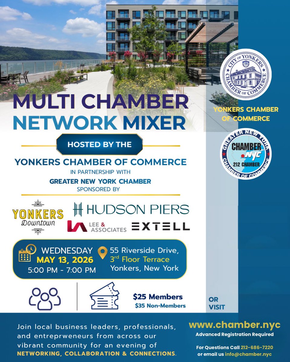 NYChamber's tweet photo. Make sure to join us for our upcoming Multi Chamber Network Mixer, in collaboration with the Yonkers Chamber of Commerce, at Hudson Piers on Wednesday, May 13th from 5:00PM-7:00PM.

Join local business leaders, professionals, and entrepreneurs from across our vibrant community for an evening of networking, collaboration and connections. 

Advanced registration is required. RSVP on our website at https://t.co/5wSGMz1cRg or email us at info@chamber.nyc for more questions.

#Yonkers #HudsonPiers #Networking #GreaterNewYorkChamber #Leaders