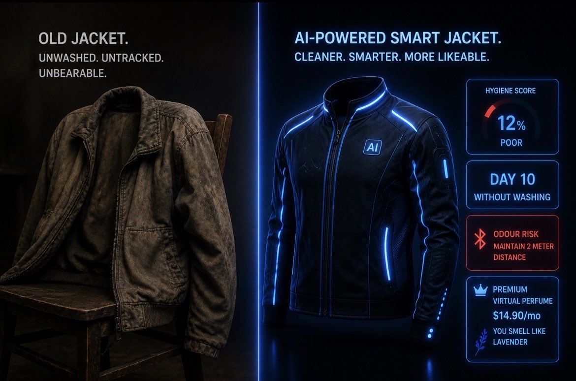 aihacksonly's tweet photo. AI hacked your jacket. 🧥🤮 

Day 10 without washing. Hygiene score: 12%. 📈
Bluetooth alert sent to everyone nearby: “Odour risk detected. Maintain 2-meter social distance.” 🚨

Premium: $14.90/mo for ‘Virtual Perfume’. Tells your friends’ phones you smell like lavender. 🌸💳

Just a jacket. 🧥😂

The Pitch: "My jacket tells me exactly when it needs washing, so I can always stay fresh and tech-savvy."

The Reality: Facing the threat of your jacket sending a "This guy hasn't washed in 10 days" notification to all your friends, you buy the $14.90 monthly "Virtual Perfume" package to save your reputation. You aren't subscribing to hygiene; you’re subscribing to a lie. 🧥🤮