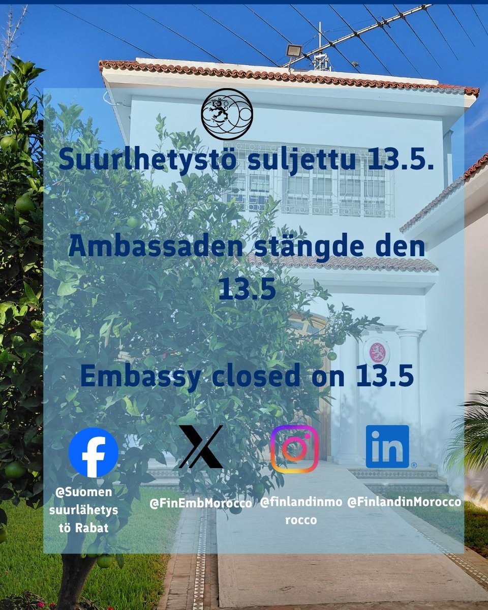 FinEmbMorocco's tweet photo. The Embassy of Finland will be closed tomorrow, for an internal event.
In case of consular emergencies – hätätapauksissa – i nödfall:
Foreign Ministry on-call services
Ulkoministeriön päivystys
Utrikesministeriets jour
☎️ +358 9 1605 5555
💻 paivystys.um@gov.fi https://t.co/45rOxsfhRf
