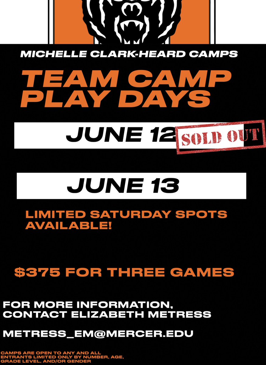 Mercer_WBB's tweet photo. ONE MONTH OUT FROM TEAM CAMP!

The Friday session is SOLD OUT. There are limited spots available for Saturday… get your team signed up today!

#TTJ https://t.co/5gZEb3zEaD