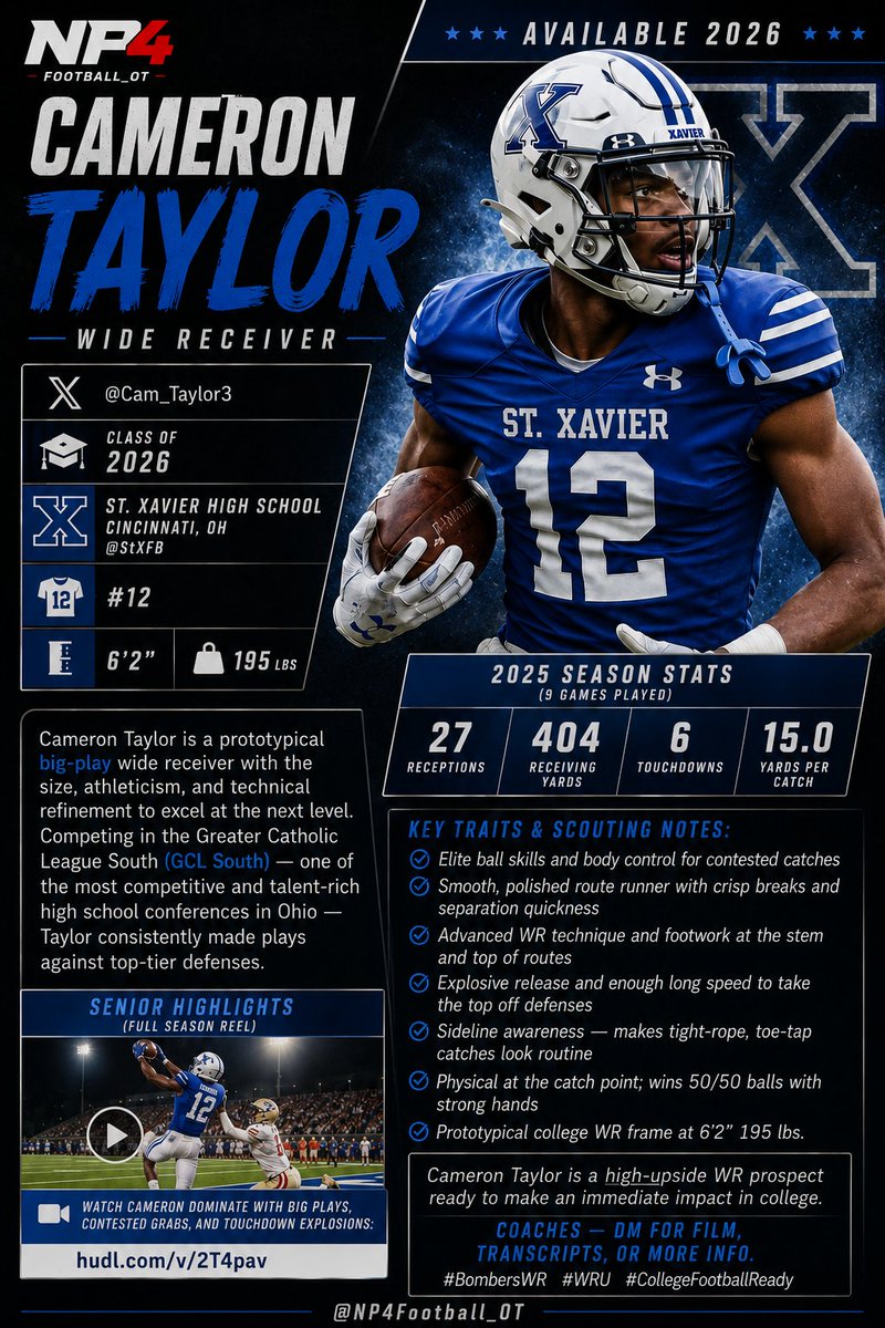 NP4Football_OT's tweet photo. Available 2026 WR Profile: Cameron Taylor @Cam_Taylor3

Class of 2026 St. Xavier High School (Cincinnati, OH) @StXFB | #12 | 6'2" 195 lbs https://t.co/ABuAv173M1