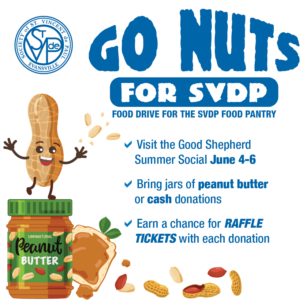 SVdPEVV's tweet photo. Be sure to visit the Good Shepherd Summer Social on June 4-6, AND, join in our "Go NUTS for SVDP" Food Drive for the SVDP Food Pantry! Visit the SVDP donation table while you are at the social, and for every donation, you will be entered into a drawing for extra raffle tickets! https://t.co/57f4t9nDAr