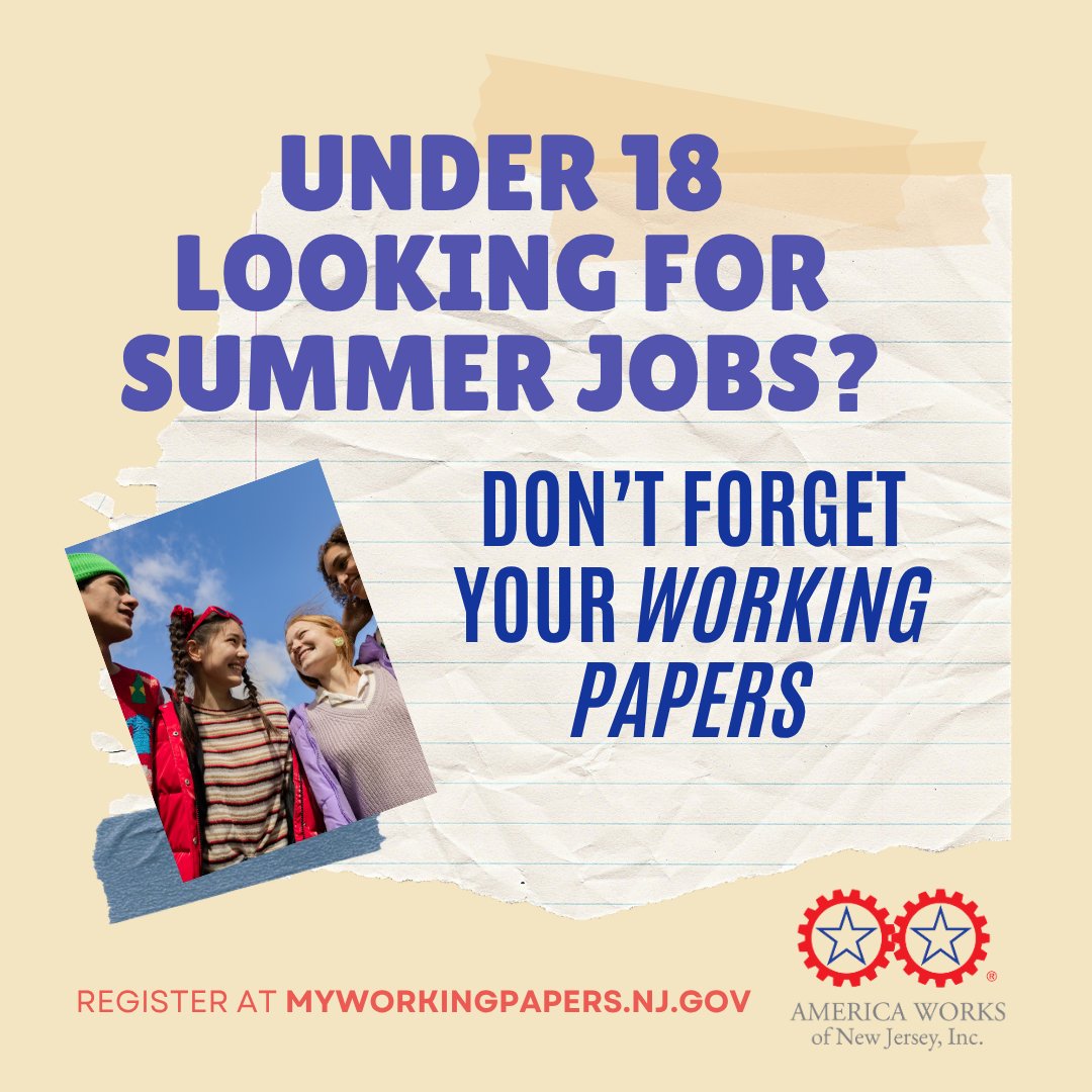 AmericaWorksNJ's tweet photo. Are you under the age of 18 or the parent of a minor who is looking for a summer job? ⛱️ Every teen under 18 in New Jersey must have working papers before starting any job — including summer and seasonal work.

Make sure to register at https://t.co/pQWex6j7Ob https://t.co/R0TzTvRlhJ
