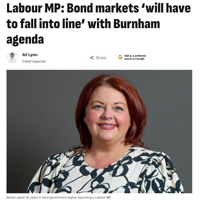 yarwoodwilliam's tweet photo. Burham and his allies' complaining about Britain being 'in hock to the bond markets' and wanting them to 'fall in line' misses the point entirely. 

Bond markets matter because governments have become dependent on borrowing vast sums of money. If politicians do not want markets to exert influence over policy, they should start by getting spending and borrowing under control - neither of which Burnham or his acolytes want to do.
