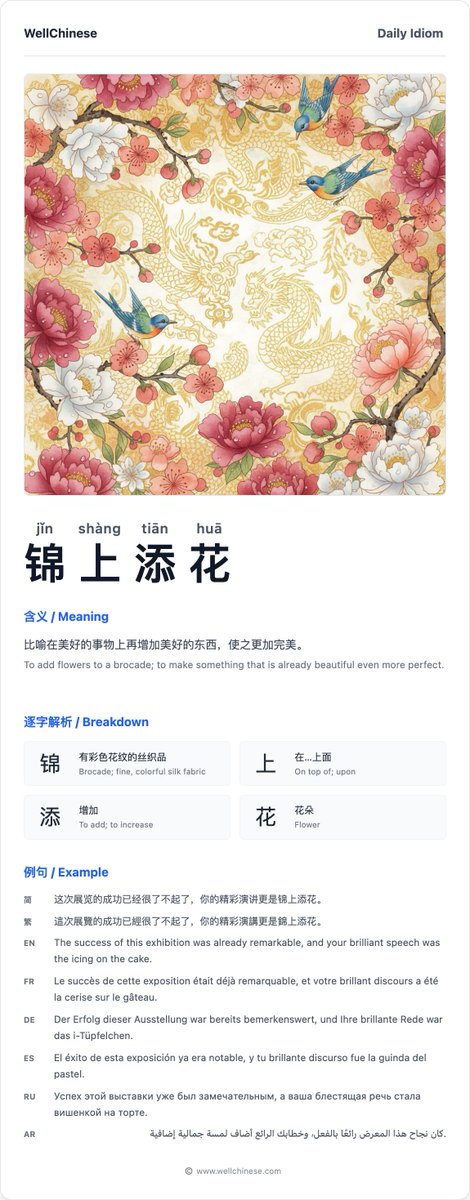 wellchineseapp's tweet photo. Discover 锦上添花 (jǐn shàng tiān huā)! This idiom means making something good even better, like 'icing on the cake.' It literally translates to 'adding flowers to a brocade.' How beautiful is that? #Chinese #Mandarin #LearnChinese #Hanzi #ChineseIdiom https://t.co/9RsX0URs7p