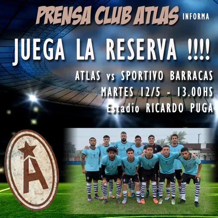 atlasprensa's tweet photo. #Reserva 

Este martes a las 13hs Atlas recibe a Sportivo Barracas.

¡Vamos los pibes! 🤎⚽💪🏼 https://t.co/ZwaunxZA8j