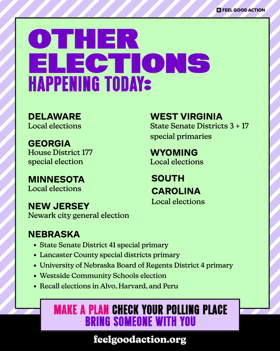 FeelGoodAction's tweet photo. TODAY IS ELECTION DAY! 🗳️

Statewide primaries &amp; runoffs are happening in:
• Nebraska
• West Virginia
• North Carolina

Plus local &amp; special elections across the country.

✔ Make a plan
✔ Check your polling place
✔ Bring someone with you

https://t.co/eb10yWOwb8

#Vote https://t.co/WrMQWs7kSm