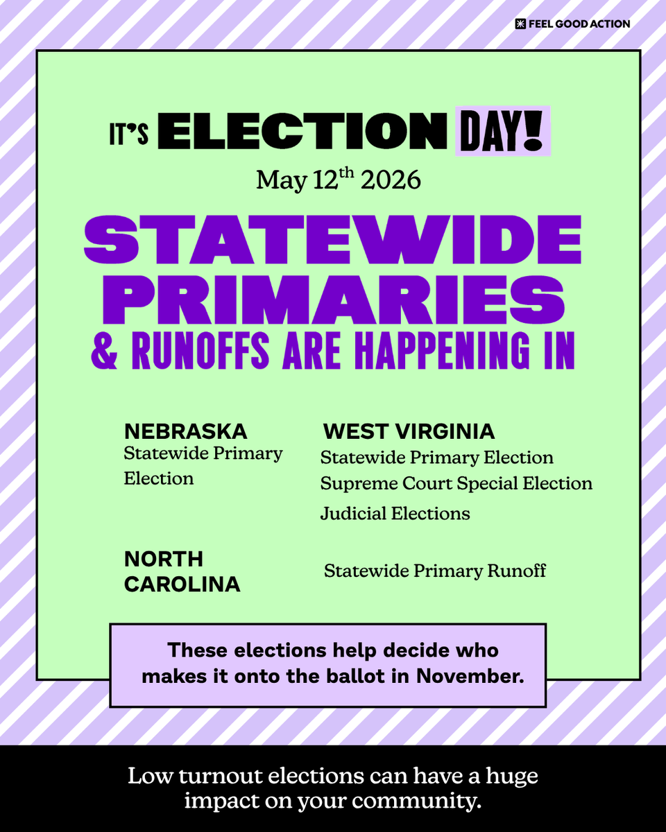FeelGoodAction's tweet photo. TODAY IS ELECTION DAY! 🗳️

Statewide primaries &amp; runoffs are happening in:
• Nebraska
• West Virginia
• North Carolina

Plus local &amp; special elections across the country.

✔ Make a plan
✔ Check your polling place
✔ Bring someone with you

https://t.co/eb10yWOwb8

#Vote https://t.co/WrMQWs7kSm
