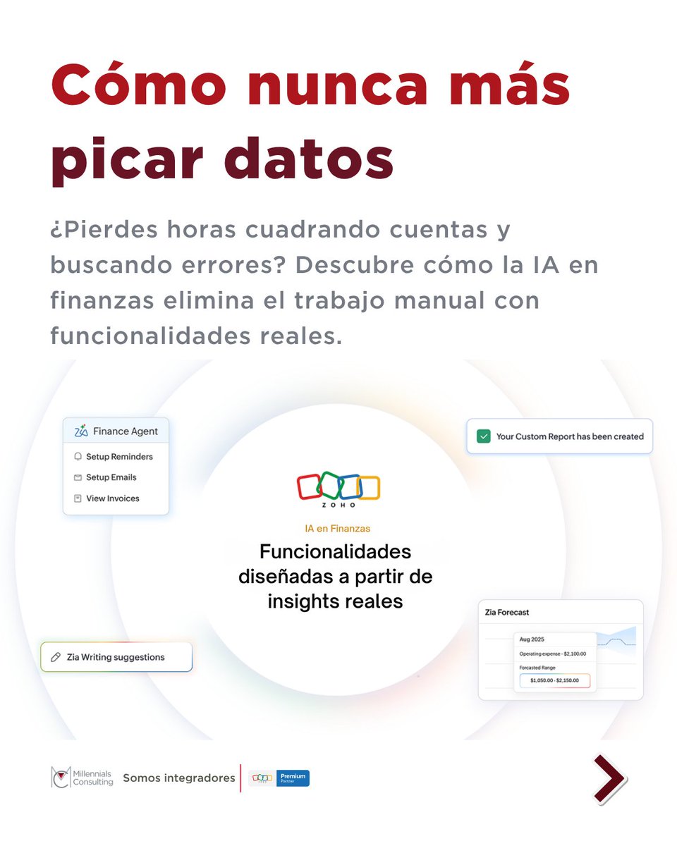 Millennials_Con's tweet photo. La IA en finanzas ya no es teoría: detecta anomalías, prevé cobros y automatiza tareas reales 📊

Si quieres saber cómo funciona dentro de Zoho, haz click aquí: https://t.co/ZbyKt9eXQf 

#millennialsconsulting #IA #Finanzas #Zoho #Contabilidad https://t.co/Avm65omXwi