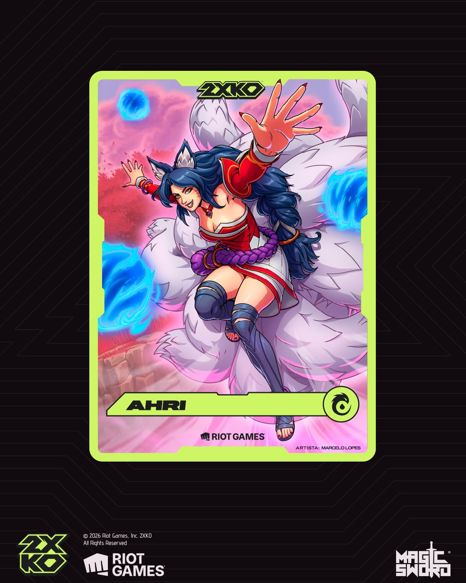 MagicSwordHQ's tweet photo. Don’t look away... Ahri is revealed! 💞

Created for the Riot Games 2XKO booth during Gamescom Latam, this promo card illustration by our artist and art director Marcelo Lopes explores Ahri’s elegance, magnetism and playful confidence.

See more of the process on our ArtStation. https://t.co/hIex1tcAXX