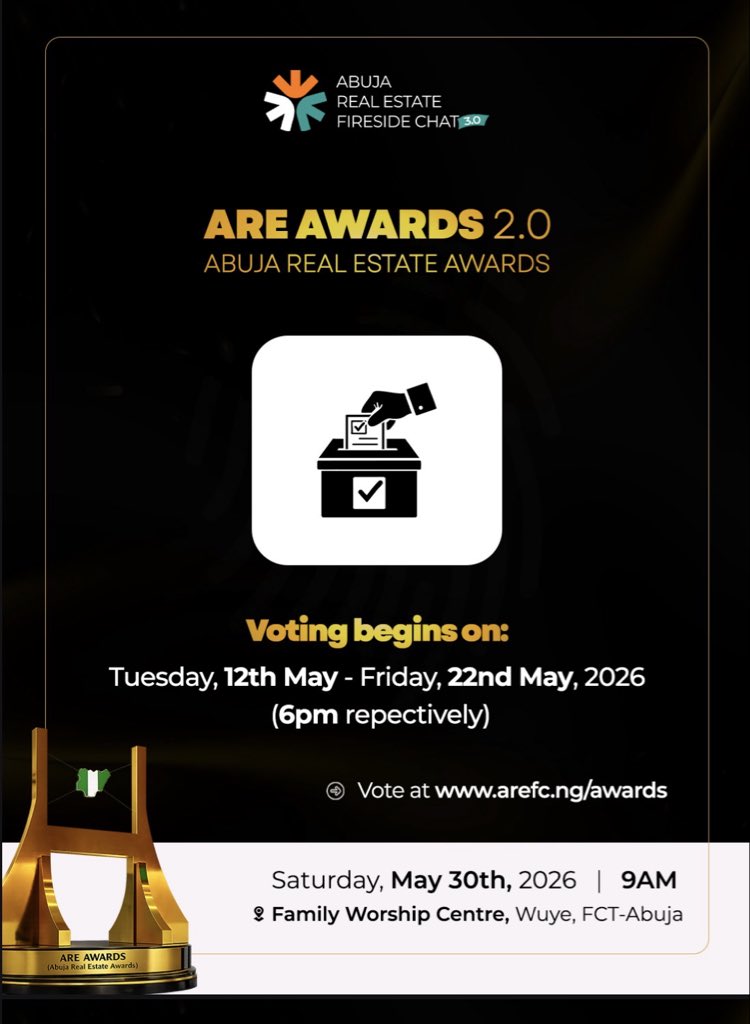 Quantum_ng's tweet photo. 🏆 WE’VE BEEN NOMINATED.

Quantum Construct is officially a nominee for Emerging Real Estate Development Company of the Year at the ARE Awards 2.0, and we need YOUR vote to bring this home.

This one is for every family that trusted us, every client who left our office with clarity and confidence, and every estate we built with intention. This moment belongs to all of us. 🤝🏾

🗳️ HOW TO VOTE:
1.Visit https://t.co/Veodcht1SS
2.Find Emerging Real Estate Development Company of the Year
https://t.co/nbXW0VYIo2 Quantum Construct
4.Hit Submit — you can only vote once, make it count!

⏳ Voting closes Friday, May 22nd, 2026 at 6PM. 

Don’t wait!
Vote for Quantum Construct. Let’s win this together. 🥇
👉🏾 https://t.co/Veodcht1SS

#AREAwards2026 #QuantumConstruct #NomineeAlert #AbujaRealEstate #EmergingDeveloper VoteQuantum WeBuiltThis NigeriaRealEstate