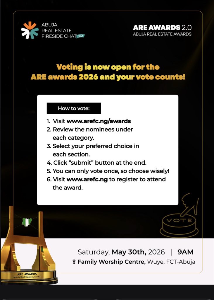 Quantum_ng's tweet photo. 🏆 WE’VE BEEN NOMINATED.

Quantum Construct is officially a nominee for Emerging Real Estate Development Company of the Year at the ARE Awards 2.0, and we need YOUR vote to bring this home.

This one is for every family that trusted us, every client who left our office with clarity and confidence, and every estate we built with intention. This moment belongs to all of us. 🤝🏾

🗳️ HOW TO VOTE:
1.Visit https://t.co/Veodcht1SS
2.Find Emerging Real Estate Development Company of the Year
https://t.co/nbXW0VYIo2 Quantum Construct
4.Hit Submit — you can only vote once, make it count!

⏳ Voting closes Friday, May 22nd, 2026 at 6PM. 

Don’t wait!
Vote for Quantum Construct. Let’s win this together. 🥇
👉🏾 https://t.co/Veodcht1SS

#AREAwards2026 #QuantumConstruct #NomineeAlert #AbujaRealEstate #EmergingDeveloper VoteQuantum WeBuiltThis NigeriaRealEstate