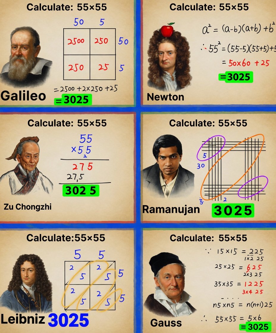 24hourKnowledge's tweet photo. This is a completely different calculation method developed by famous mathematicians, allowing the computation of 55 × 55… and still yielding the same answer: 3025. https://t.co/6Q4V03Hxsn