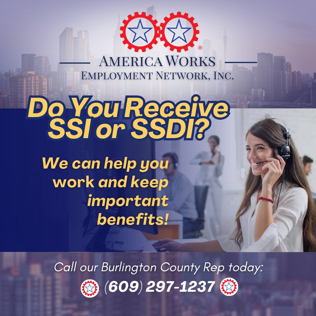 AmericaWorksNJ's tweet photo. Do you receive SSI or SSDI benefits? Are you between the ages of 18-64? We can help you transition back to part-time or full-time work with NO immediate impact to your benefits and at NO cost to you!

☎️ Call the NJ TTW Rep (609) 297-1237

#SSI #SSDI #SocialSecurity https://t.co/bshCcnLuCm