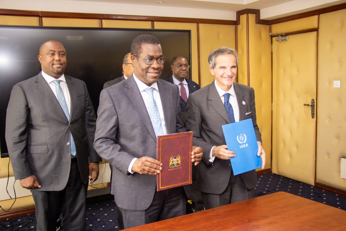nuclearkenya's tweet photo. A significant milestone for Kenya's energy future! 🇰🇪⚡️

Today, the Cabinet Secretary for Energy and Petroleum, Hon. Opiyo Wandayi, @OpiyoWandayi officially signed a landmark MoU with @iaeaorg Director General @rafaelmgrossi to integrate nuclear energy into our national grid. https://t.co/EvfF4zGpyB
