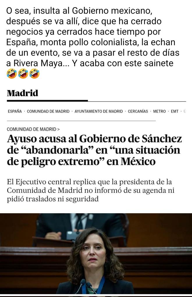 MARIAJ_SALADO's tweet photo. Ayuso ha denunciado el presunto “abandono de un representante del Estado, como es un presidente autonómico, a su suerte, en un país sumido en la violencia”, donde les “podría haber ocurrido cualquier cosa, en cualquier sitio”
#AscoDePPeperos #PartidoPodrido #PPOFF #PPFraude https://t.co/cetVf6qOzU