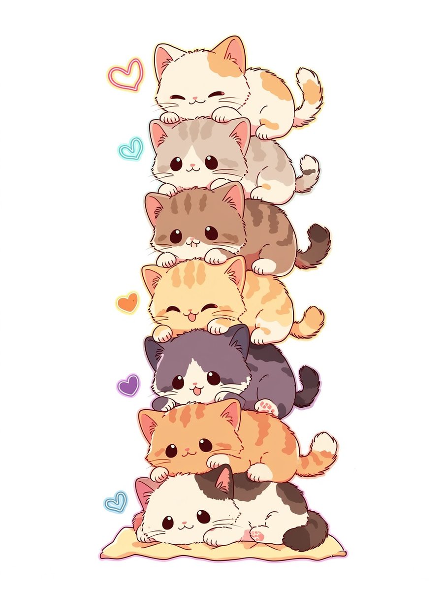 おはようございますにゃ！🐱✨
朝から元気いっぱいの「にゃんこタワー」をお届け
今日も一日✨皆さんにたくさんのハッピーが積み重なりますように！🐾