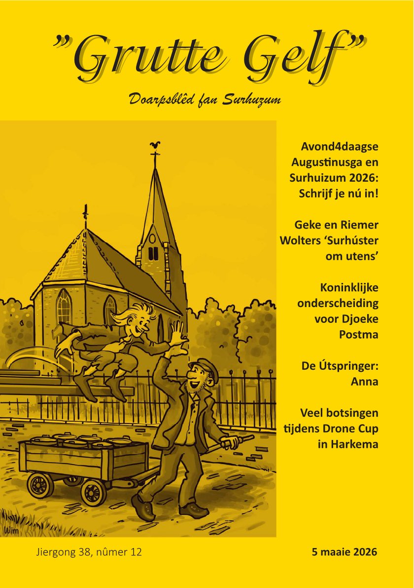 gruttegelf's tweet photo. Lees hier de Grutte Gelf van dinsdag 5 mei 2026 met Avond4daagse Aug'ga-Surhuizum: Schrijf je nú in!, Geke en Riemer Wolters ‘Surhúster om utens’, Koninklijke onderscheiding voor Djoeke Postma, De Útspringer: Anna, Veel botsingen tijdens Drone Cup Harkema https://t.co/hcvfSt8NNQ https://t.co/mUUvUVjF2Z