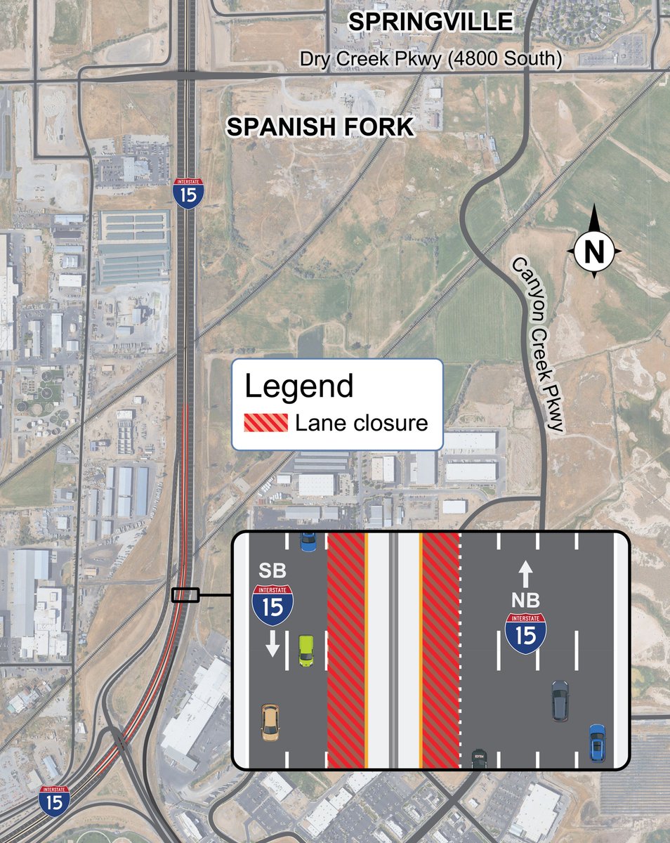 UDOTRegionthree's tweet photo. Hey, Springville! I-15 Express Lanes will be closed overnight in both directions near Exit 257 starting at 7 p.m. May 13 until 6 a.m. May 14. The northbound I-15 right lane will be closed starting at 7 p.m. May 14 until 6 a.m. May 15. https://t.co/VR527QNtm3