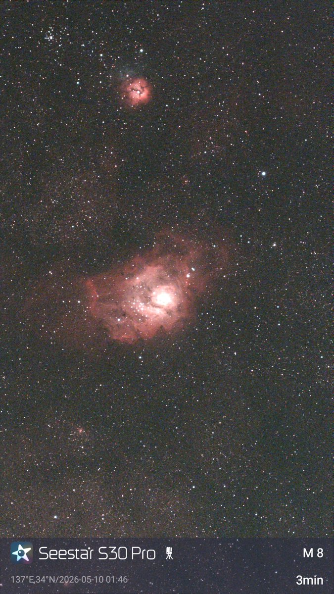 SHO75332848's tweet photo. Seestar S30oPro M8 (干潟星雲)M20(三裂星雲)を撮影しました。数分の露出ですが、赤い星雲の色や特徴は表現できてます。(M20の三裂も)S30より写野が広いのが分かります。
#Seestar #S30Pro #M8 #M20 https://t.co/YyQ6fRN08t