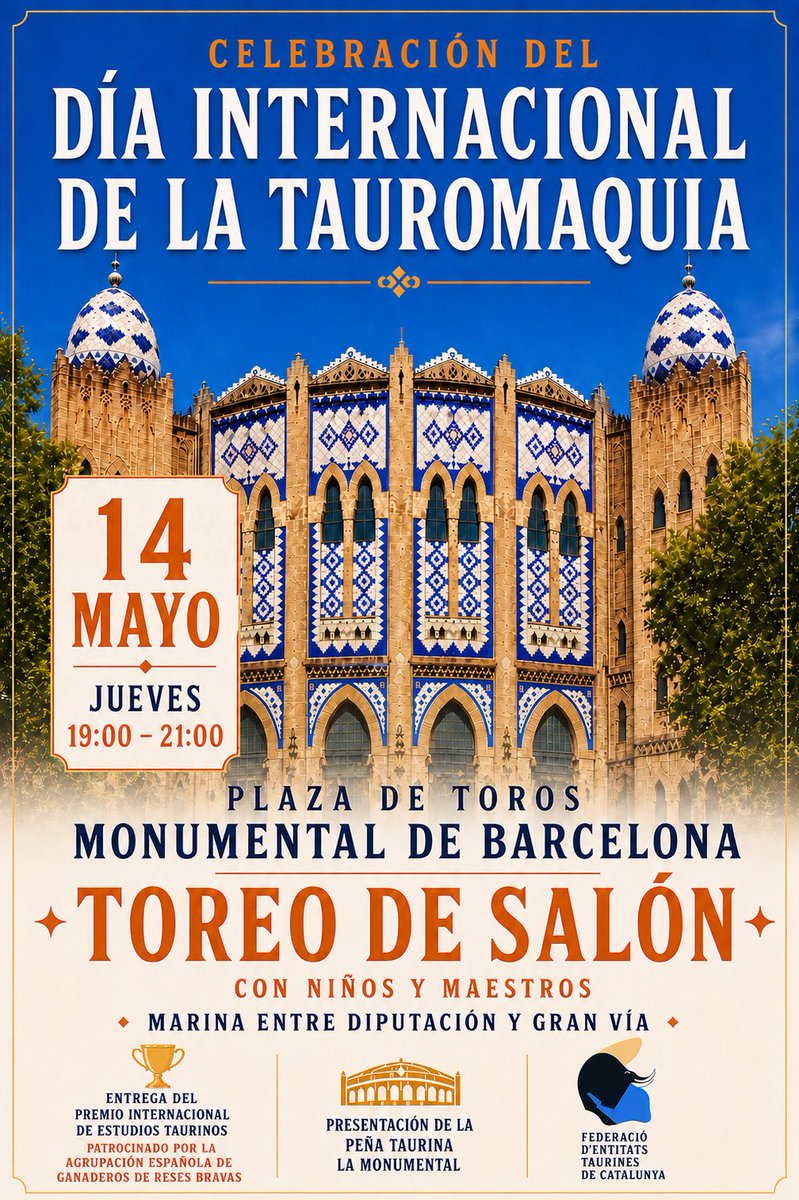 Lavueltaalruedo's tweet photo. Celebra junto a nosotros el Día Internacional de la Tauromaquia este jueves 14 mayo a las 19h en calle Marina entre Diputación y Gran Vía (Plaza Toros Monumental). 
Un evento con Toreo de Salón de niños y maestros. Además de la entrega de premios.
#toros #tauromaquia #radio https://t.co/fNZVAhB252