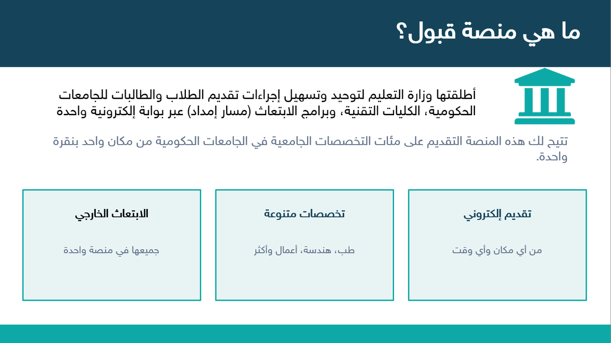 schoolstore_sa's tweet photo. 🎓📊 عرض بوربوينت عن  (#منصة_قبول)
🖥️يتم تقديمه للطلاب وأولياء الأمور لتعريفهم بالمنصة وآلية التسجيل وكافة التفاصيل المتعلقة بالقبول الجامعي، مناسب لتقديمه ضمن برنامج النمو المهني وأثناء الاحتفاء بالطلبة الخريجين.

⬇️ رابط التحميل:

https://t.co/Da11iwswmT

 #التوجيه_الطلابي https://t.co/Syb1A4IJRR