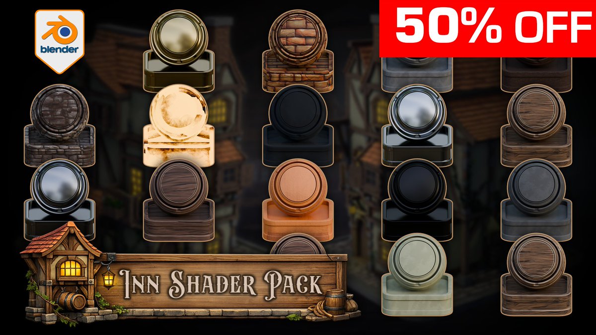 ThreeDTudor's tweet photo. Stylized Medieval Inn Shader Pack for Blender 5 Cycles is now live on Gumroad.
17 materials for taverns, medieval inns, etc...
50% OFF with code TOSSACOINTOYOURWITCHER
https://t.co/ndQazTKj9D

#Blender #Blender3D #BlenderCycles #ShaderPack #MaterialPack #EnvironmentArt #3DTudor https://t.co/McS4Tx2ISF